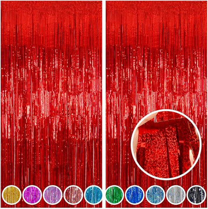 Melsan Red Tinsel Foil Fringe Curtains Backdrop, 3.2 ft x 8 ft Sparkle Tinsel Backdrop Streamers for Christmas Valentines Patriotic Birthday Party Decorations, 2 Packs