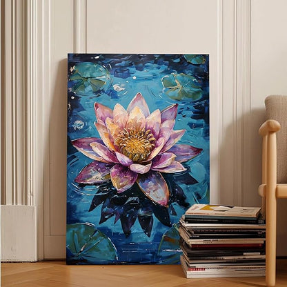 Gorgeous pink and purple water lilies on deep blue water Eye-catching oil painting Serene aquatic wall art for modern home decor 16x24in Wood Framed