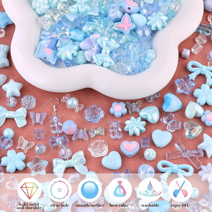 Assorted Acrylic Beads, 200-260PCS Blue Cute Beads for Bracelet Making, GummyBear Bow Flower Candy Kawaii Charms for Jewelry Making DIY Necklace Keychain Phone Charm Christmas Gift