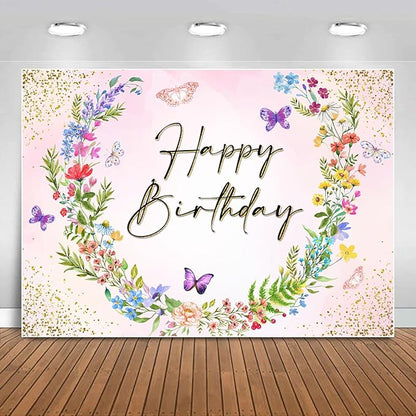 Sensfun Wildflower Happy Birthday Backdrop Banner WildFlower Birthday Decorations,Spring Floral Butterfly Photography Background for Girls Wildflower 1st Birthday Party Decor Photo Booth Prop 10x6.5ft