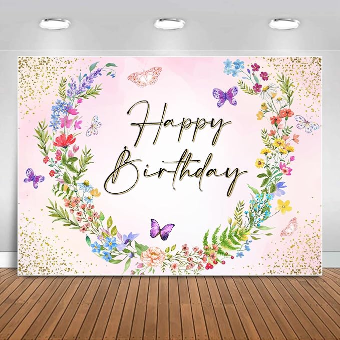 Sensfun Wildflower Happy Birthday Backdrop Banner for Women Wild Flower Birthday Decorations Rustic Floral Butterfly Photography Background for Girls Wildflower Bday Party Decor Photo Booth Prop 7x5ft