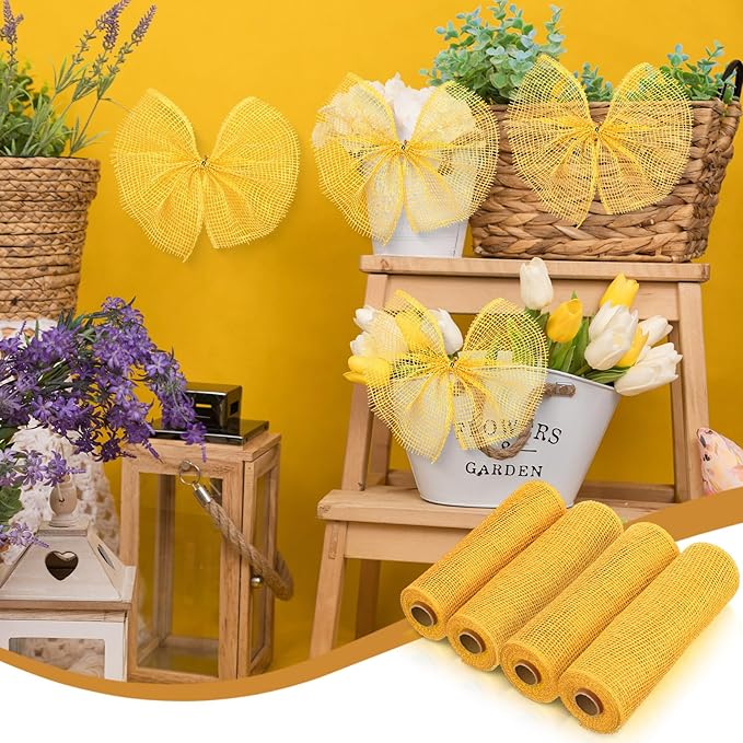 Chuangdi 4 Rolls Spring Poly Burlap Mesh Poly Burlap Deco Ribbon Mesh Roll for Summer Easter 4th of July DIY Flower Wreath Garland, 10 Inch(Yellow)