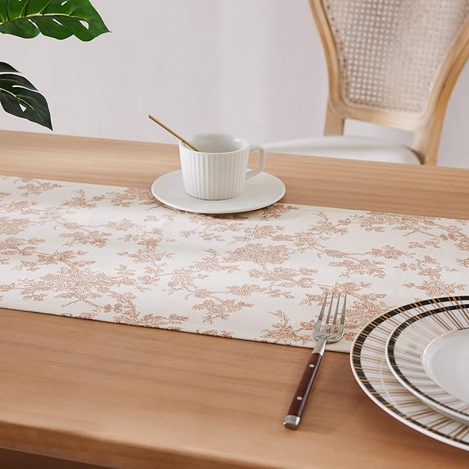 100% Cotton French Pastoral Table Runners, 13x90 Inch Terracota Farmhouse Table Runners 90 Inches Long, Vintage Flowers Print Home Decors