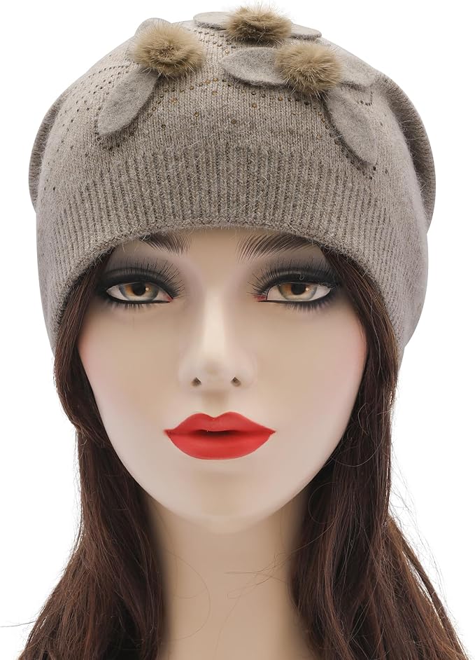 ZLYC Women Floral Slouchy Beanie Hat Double Layer Winter Knit Skull Cap