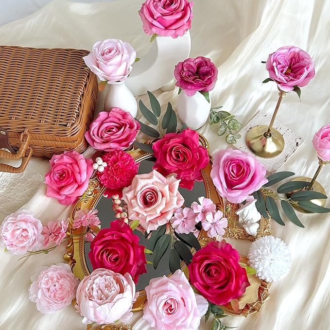 Fuschia Silk Artificial Flowers Combo Box Set Hot Pink Roses Flowers Dahlia DIY Bridal Wedding Bouquets Cake Fake Floral with Stems Arrangements Baby Shower Party Table Centerpieces Home Decor