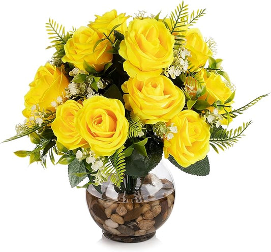 ENOVA FLORAL 18 Heads Silk Rose Artificial Flowers in Vase,Faux Rose Flowers Arrangement in Round Bowl Vase with Faux Water and River Rock for Table Decor Centerpieces (Yellow)