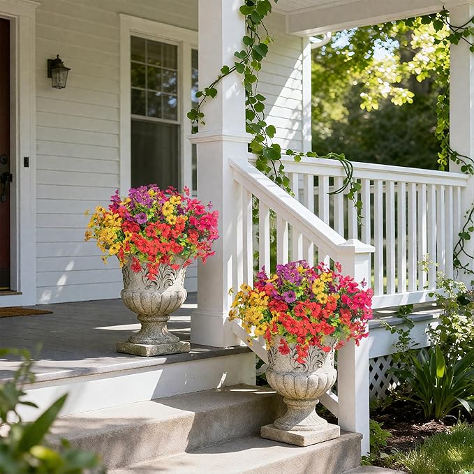 Artificial Flowers Faux Plants for Outdoor Garden Home Weeding Decoration, 12 Bundles Silk Colorful Daisy with Eucalyptus Leaves Fake Plants Greenery for Outdoor Outside Winter Chrsitmas Decor