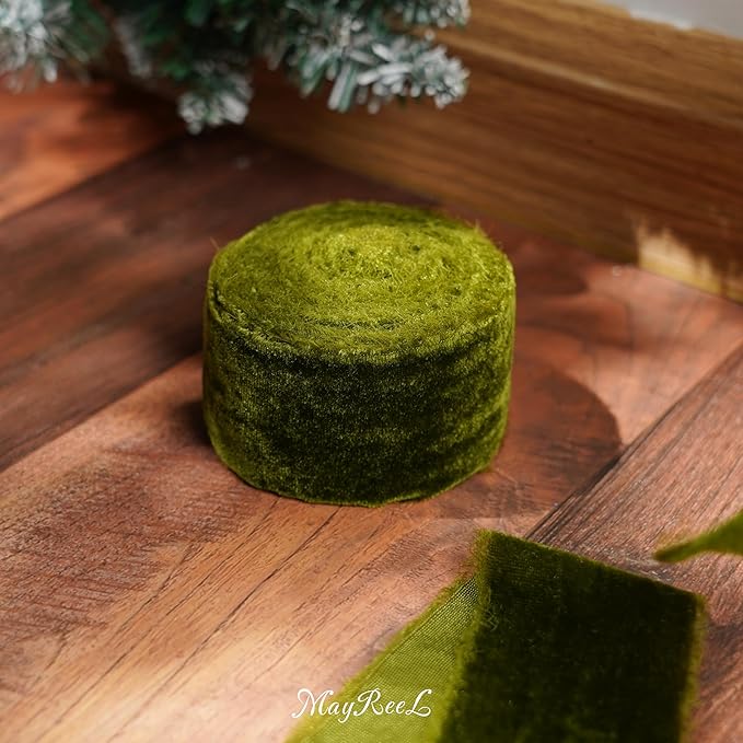 MAYREEL 2 Inch Moss Green Velvet Ribbon Hand Torn Olive Silk Frayed Edge for Bridal Bouquets Invitations Wedding Vow Books Gift Baskets Hair Bows 3 Yards