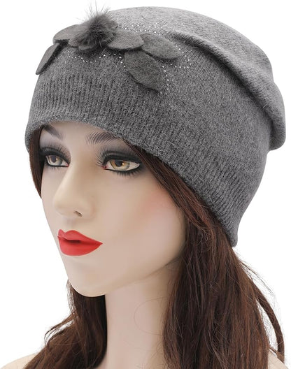 ZLYC Women Floral Slouchy Beanie Hat Double Layer Winter Knit Skull Cap
