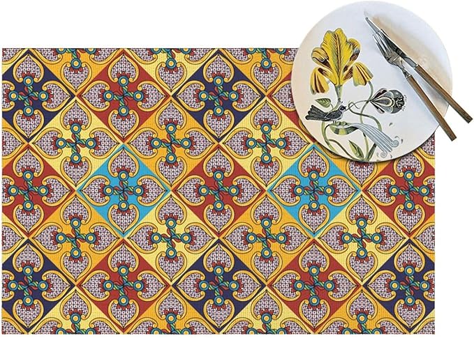 Placemats Set of 4 PVC Woven Place Mats Heat Resistant Easy to Clean for Indoor Outdoor Party Kitchen Dining Table Decoration 12"x18",Boho Style