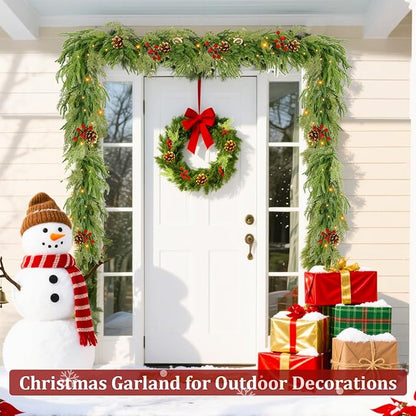 6 Ft by 10 Inch Prelit Christmas Garland with Lights Timer 8 Modes, Real Touch Norfolk Pine Garland 100 Pine Cypress Tips Pinecones Berried Cedar Garlands Thick Greenery Garlands for Home Table Mantle