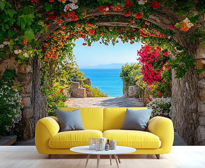 Mediterranean Arch Seaside Wall Mural, Flower Tunnel Ocean View 3D Wall Murals, Greek Island Style Wallpaper Mural, for Living Room Bedroom Large Wallpaper Indoor Decor 169.3" W x118.2 H