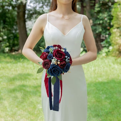 ponatia Navy Blue Wedding Bouquets for Bride Bridesmaid, BurgundyWedding Artificial Roses Flowers for Wedding Bouquets Ceremony, Anniversary (Burgundy & Navy Blue)