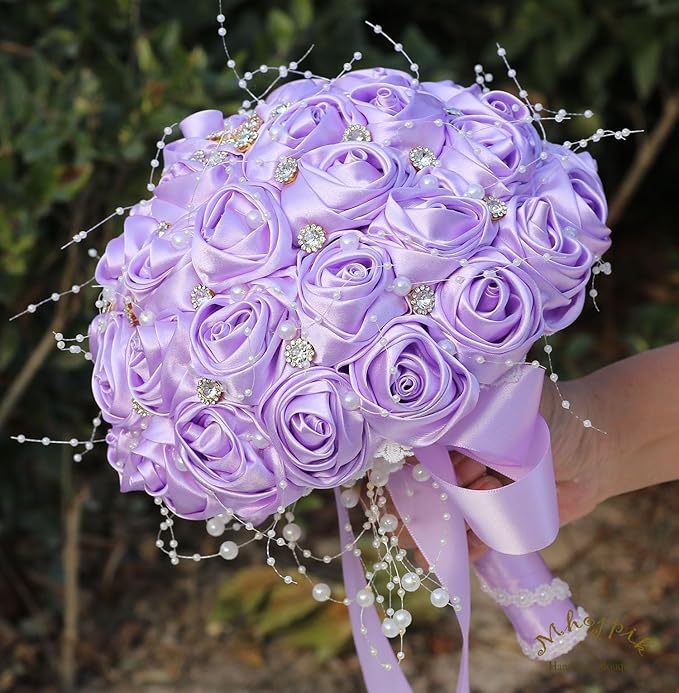 Bridal Wedding Bouquet Round Bling Brooch Bouquet Throw Toss Artificial Rose Flower Bunch for Bride Bridesmaid Wedding Quinceanera(Light Purple, 9.8")