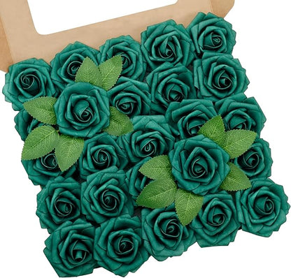 Artificial Flowers, 50pcs Hunter Green Artificial Rose for DIY Wedding Bouquets Centerpieces Arrangements, Fake Flower with Stem for Party Home Decrration