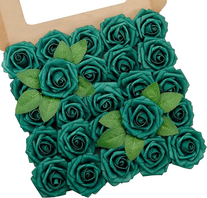 Artificial Flowers, 25pcs Hunter Green Artificial Rose for DIY Wedding Bouquets Centerpieces Arrangements, Fake Flower with Stem for Party