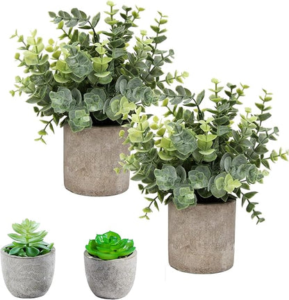 Flojery Small Fake Plants Eucalyptus Potted Mini Potted Plants Artificial Eucalyptus Boxwood Rosemary Greenery in Pots Faux Potted Herbs Small House Plants for Indoor Greenery Tabletop Set of 4