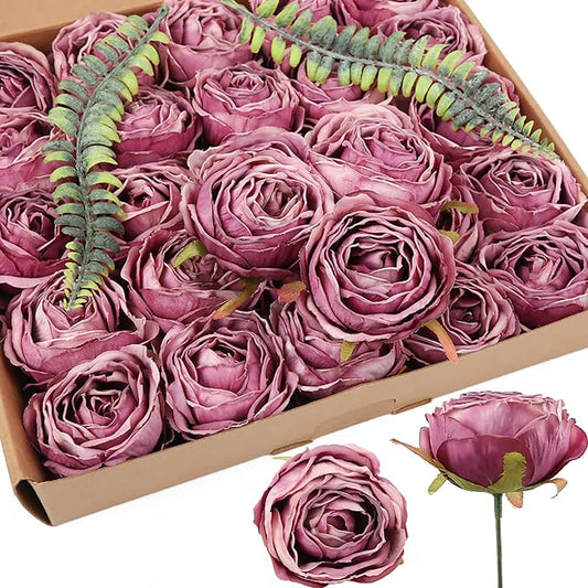 IPOPU Artificial Purple Flowers 25PCS Rose Artificial Flowers Bulk Heads Dried Silk Flowers Fake Roses Heads for Bouquet of Flowers Artificial Floral Arrangements (Purple)