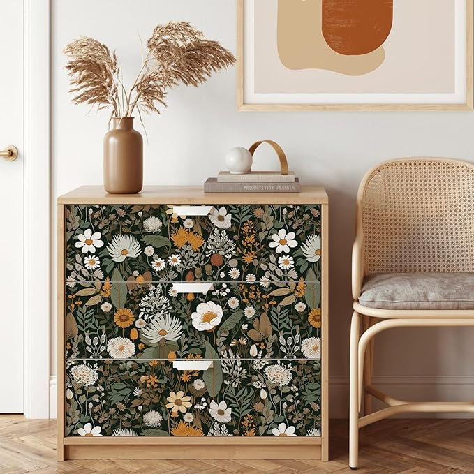 Peel and Stick Floral Wallpaper: Vintage Boho Removable - 17.71x236.2 Inch Watercolor Wild Flower Daisy