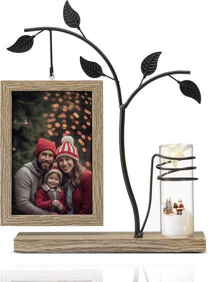 Afuly 4x6 Picture Frame Potted Plants Desk Photo Frames with Metal Stand Glass Vase, Rustic Double Sides Display Wood Frame Wedding Birthday Gifts for Couple Mom Grandma Women