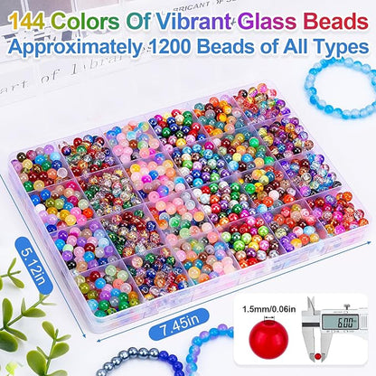 XSEINO About 144 Colors 1200PCS 6mm Glass Beads Bracelet Making Set, Colored Glass Beads in Six Styles for Bracelet, Jewelry and DIY Craft Making