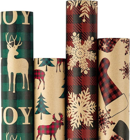 RUSPEPA Christmas Wrapping Paper, Kraft Paper - Red and Green Plaids Style Designs - 4 Rolls - 30 inches x 10 feet per Roll