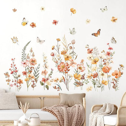 decalmile Boho Flower Wall Decals Garden Floral Butterflies Wildflower Wall Stickers Girls Bedroom Living Room Baby Nursery Wall Decor