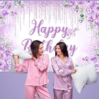 Avezano Happy Birthday Backdrop Banner for Girls Women Happy Birthday Party Decorations Floral Glitters Bday Banner Party Supplies (Purple, 7x5ft)