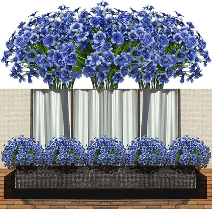 Artificial Flowers 15 Bunches Outdoor UV Resistant Faux Flowers Plastic Fabric Greenery Plants for Hanging Planter Kitchen Home Wedding Office Garden Decoration (Blue, Spring Grass)