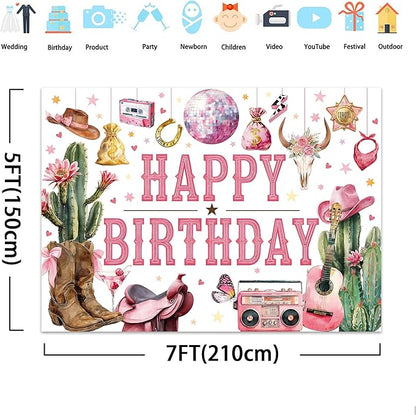 SVBright Western Cowgirl Happy Birthday Backdrop 7Wx5H Wild West Retro Brown Pink Cactus Floral Boots Hat Disco Rustic Butterfly Country Decorations Photography Background Banner Photo Booth Studio