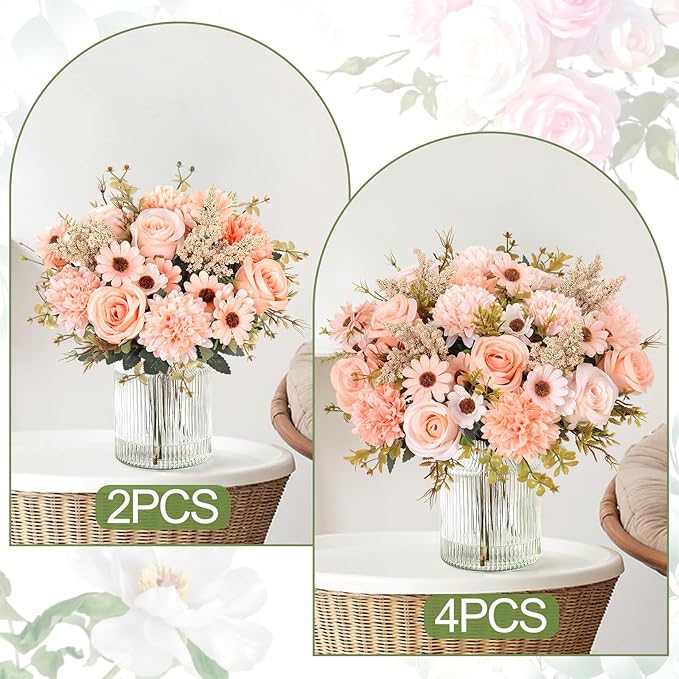 Dremisland Artificial Flowers Like Real Artificial Bouquet 4 Packs Silk Artificial Roses Bouquet with Daisy Chrysanthemum Champagne Flowers for Centerpiece Table Wedding Party Home Decor
