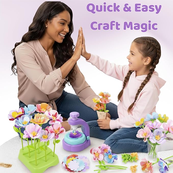 TOMLEON Fabric Flower Bouquet Craft Kit for Girls Ages 3+ – Create Reusable Fabric Flowers with Press Tool & Stems – Endless DIY Bouquets – No Glue, No Sewing – Perfect Creative Gift for Kids