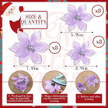 WILLBOND 24 Pcs 3 Size Poinsettia Flower Artificial Christmas Decor Glitter Poinsettia Christmas Ornaments Faux Flowers for Xmas Tree Outdoor(4/6/7.9 Inches,Purple)