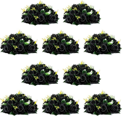 NUPTIO Black Roses Artificial Flowers Pcs of 10 Fake Flower Bouquet Black Hydrangea Flowers Artificial, 15 Heads Fake Roses with Base, Real Looking Black Artificial Flowers (Black)