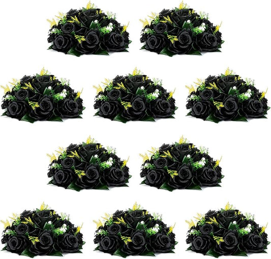 NUPTIO Black Roses Artificial Flowers Pcs of 10 Fake Flower Bouquet Black Hydrangea Flowers Artificial, 15 Heads Fake Roses with Base, Real Looking Black Artificial Flowers (Black)