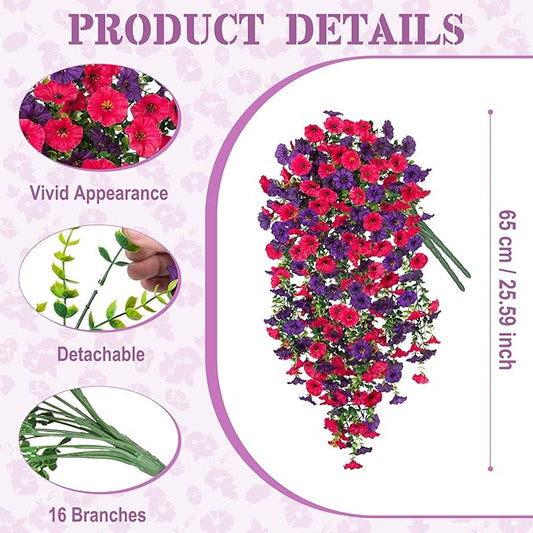 Artificial Hanging Flowers for Outdoor, 2pcs Fake Plants Long Vine Morning Glory Eucalyptus, Spring Summer UV Resistant Realistic Faux Greenery Indoor Outside Patio Porch Garden Decor, Rose Purple