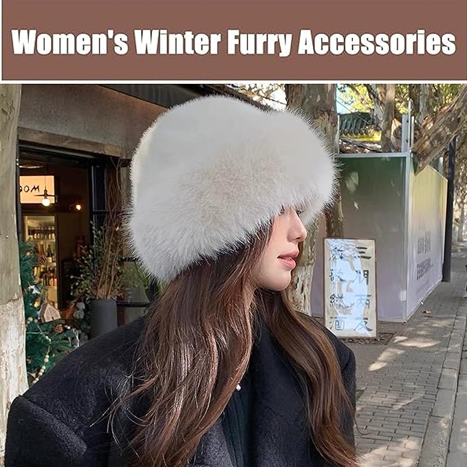 Womens Winter Faux Fur Bucket Hat, Fluffy Fisherman Fuzzy Bucket Hat