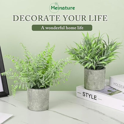 2 Pack Mini Potted Fake Plant, Artificial Plants Indoor, Artificial Frost-Hung,Eco-Friendly Gray Pot, No Need for Maintenance，Ideal Decor for Home and Office (2, Spring Grass + Wild Fern)