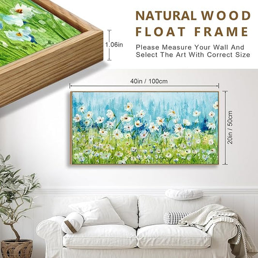 Framed Wall Art Wildflowers Canvas Pictures Living Room Wall Decor Abstract White Daisy Floral Prints Spring Landscape Painting Green Grass Artwork for Bedroom Kitchen Home Office Decor 20"x40"