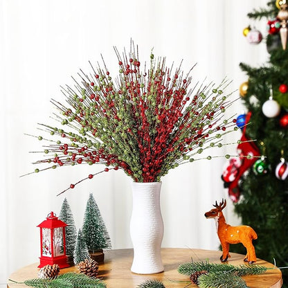 Geosar 30 Pcs Christmas Artificial Glitter Berry Stem Decorations 17 Inch Faux Stick Floral Pick Centerpiece Bouquet Flower Bead Twigs for Centerpiece Tree Wreath Xmas Ornaments Home(Green and Red)