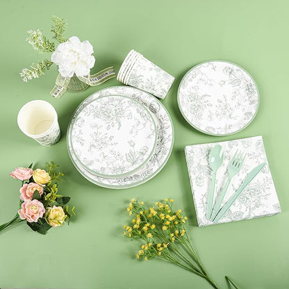 175Pcs Sage Green Floral Paper Plates and Napkins 25 Guests Green Toile Chinoiserie Party Supplies Set Include Plates Napkins Cups Spoons Forks Knives for Birthday Wedding (175, Sage Green Floral)