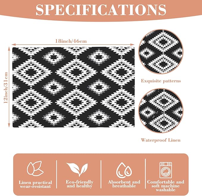 White Gray Black Placemats Set of 4 Turkish Mosaic Oriental Dining Place Mats Linen Table Mat for Farmhouse Home Kitchen Decor 12 X 18 Inch