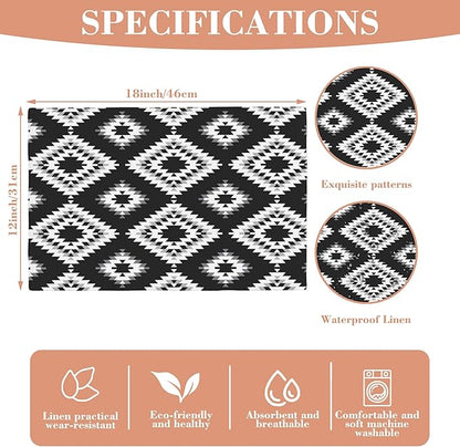 White Gray Black Placemats Set of 4 Turkish Mosaic Oriental Dining Place Mats Linen Table Mat for Farmhouse Home Kitchen Decor 12 X 18 Inch
