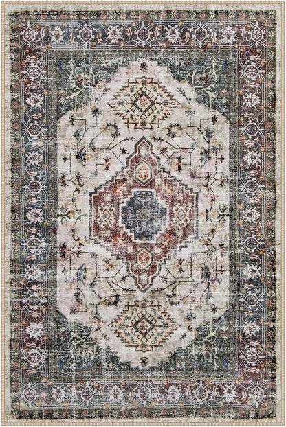 Lahome Oriental Small Rugs for Entryway, 2x3 Rug Non Slip Washable Door Mat Indoor Entrance Ultra-Thin Vintage Soft Carpet for Kitchen Bedroom Front Door Bathroom, Brown/Grey