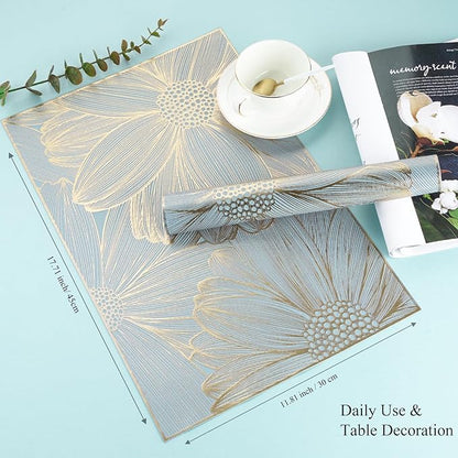 Gold Placemats Set of 6 Rectangle Pressed Vinyl Table Mats Heat Resistant Non-Slip Washable Wipeable Place Mats for Dining Table Indoor Outdoor Flower Dinner Placemats