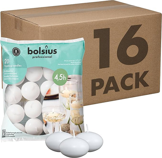 BOLSIUS White Floating Candles - Bulk Case of 16 Packs = Total 320 Candles - 5 Hours - Premium European Quality - Consistent Smokeless Flame