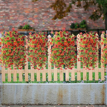 Artificial Fake Flowers Plants for Outdoor Fall Decoration, 2PCS Faux Mums Flowers for Outside UV Resistant Realistic for Porch Patio Garden Yard Balcony Home Decor(Red Brown)