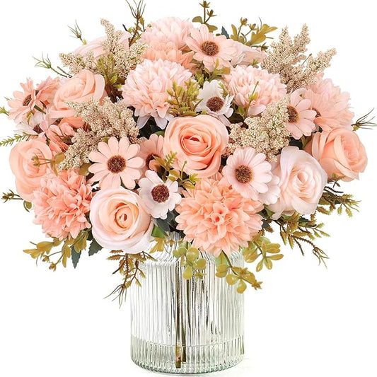 Dremisland Artificial Flowers Like Real Artificial Bouquet 4 Packs Silk Artificial Roses Bouquet with Daisy Chrysanthemum Champagne Flowers for Centerpiece Table Wedding Party Home Decor