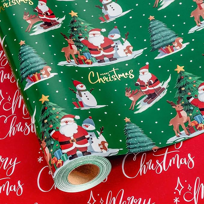 MAYPLUSS Christmas Wrapping Paper Roll - 17IN X 33FT - Green Santa Gift Wrapping Paper Featuring Christmas Tree Santa Claus Snowman Reindeer Reversible Red for Kids, Holiday, New Year