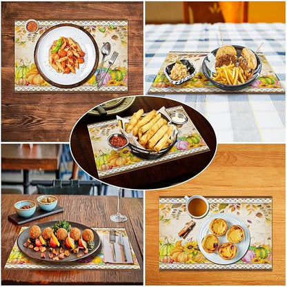 Fall Pumpkin Kitchen Placemats Vintage Rustic Farmhouse Aztec Pumpkins Maple Leaves Sunflowers Harvest Thanksgiving Placemats Table Kitchen Dining Party 12x18 Inch Set of 6